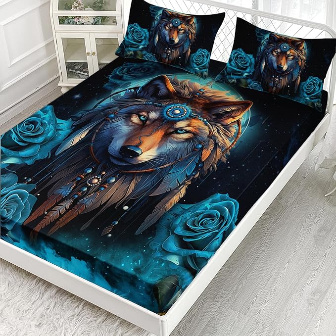 AILONEN Wolf Fitted Sheet Set Queen Size Dream Catcher Bed Sheet Set, Blue Rose Smoke Wolf Sheet Set for Boys Girls,Animal Wolf Fitted Sheet with 2 Pillowcases,3 Pieces