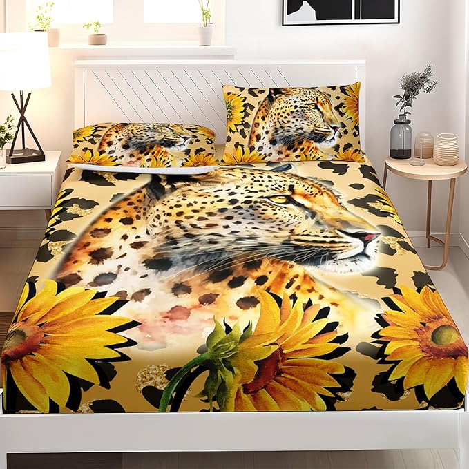 AILONEN Leopard Fitted Sheet Set for Boys, 3 Pieces Twin Yellow Sunflower and Animal Cheetah Leopard Printed Fitted Sheet Set for Kids Adults,1 Fitted Sheet with 2 Pillowcases