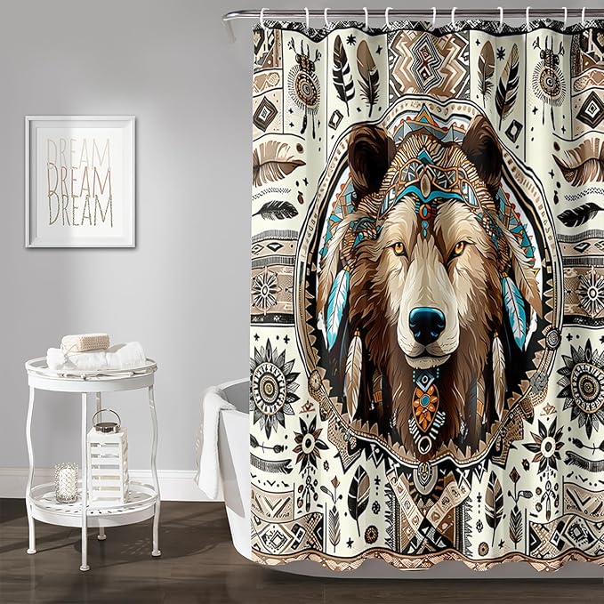AILONEN Dreamcatcher Wolf Shower Curtain for Bathroom Decor,Retro Boho Wolf Bath Curtain for Kids Boys Girls,Print Polyester Waterproof with 12 Plastic Hooks 36" W*72" H