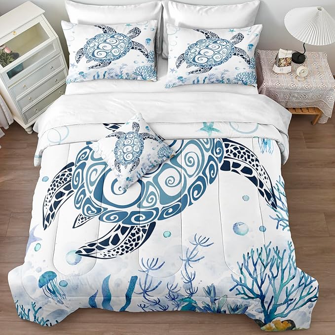 Bedbay Sea Turtle Comforter Set Coastal Bedding Set Turtle Printed 4 Pcs Beach Bedding Quilt Set Coral Blue Underwater World Duvet Set Girls Teen Sealife Ocean Comforter Bedroom Decor(Coral,Queen)
