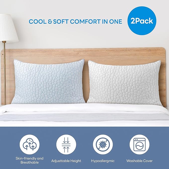 Cooling Pillows for Sleeping Queen Size Set of 2,Shredded Memory Foam Bed Pillow with Pillow Case-Double Sided Material,Adjustable Loft Queen Pillow for Side & Back Sleeper-Medium Firm