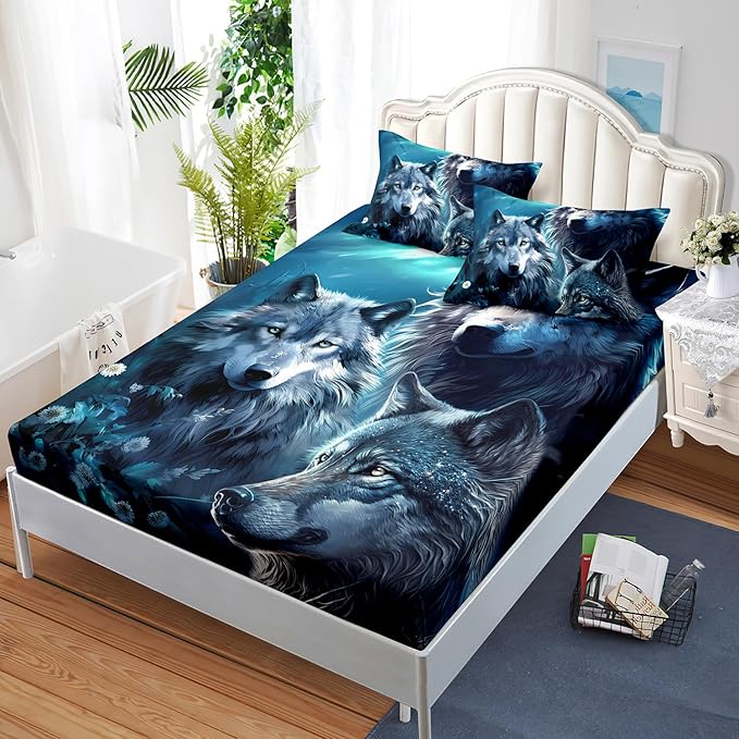 AILONEN Boys Wolf Fitted Sheet Set Twin Size, 3 Pieces Wildlife Bed Sheet Set,Evening Moon Wolf Sheet Set for Boys Teen Men,Wolves Print Fitted Sheet with 2 Pillowcases