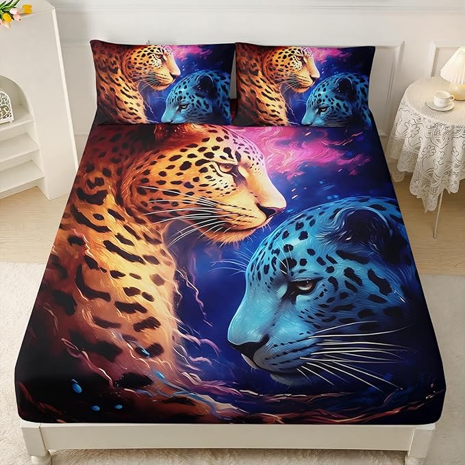 AILONEN Leopard Print Fitted Sheet Set Twin XL Size,Safari Wildlife Cheetah Bed Sheet Set TwinXL Size for Boys Kids,3 Pieces Animal Leopard TwinXL Fitted Sheet with 2 Pillowcases Decor