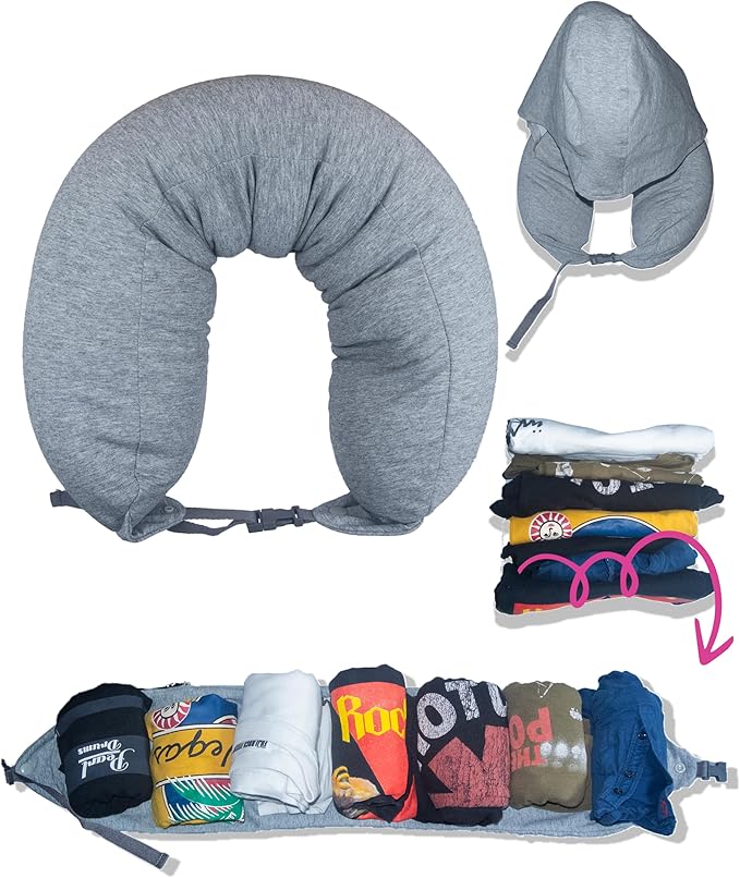 Stuffable Travel Pillow Holds Extra Cloth,Light Blocking 2-Way Hood, Collapsible Cotton Neck Pillow for Airplane Train and Long Trip Carry (Gray)