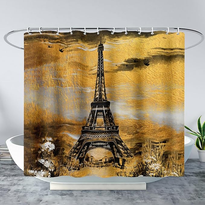 AILONEN Eiffel Tower Shower Curtain,Afterglow Tower Bathroom Fabric Shower Curtain for Boys Kids Teens, 48" W*72" H Vintage Orange & Black Style Paris Tower Bathroom Decor