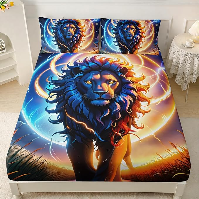 AILONEN Lion Fitted Sheet Set Queen Size, Constellation Lightning Lion Bed Sheet Set for Boys Girls,Blue Sky Starry Animal Lion Breathable Fitted Sheet and 2 Pillowcases,3 Pieces