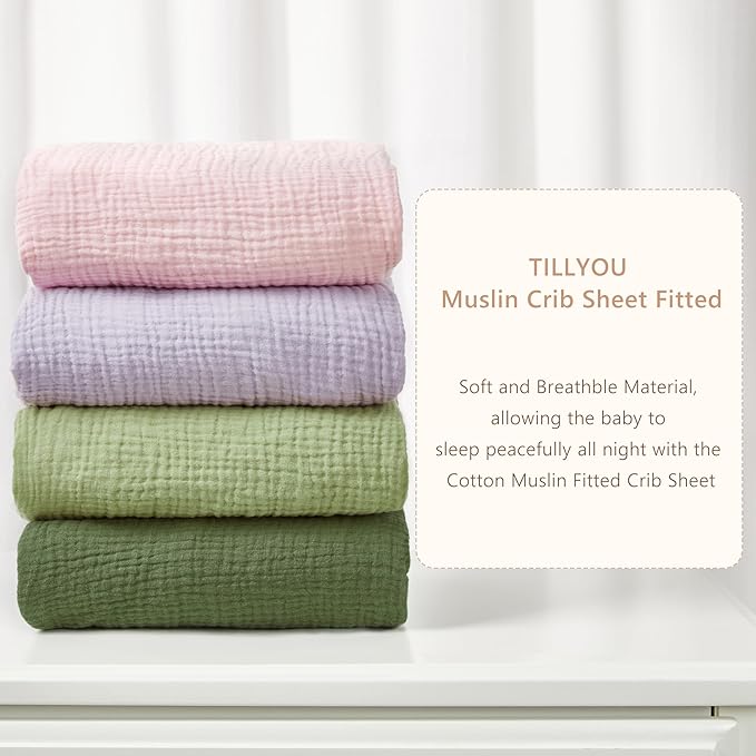 TILLYOU 2 Pack Muslin Crib Sheet for Boys and Girls - 100% Cotton Fitted Crib Sheet for Toddler Standard Crib Mattress, Soft and Breathable, 52"x28"x8",Forest Green&Light Green