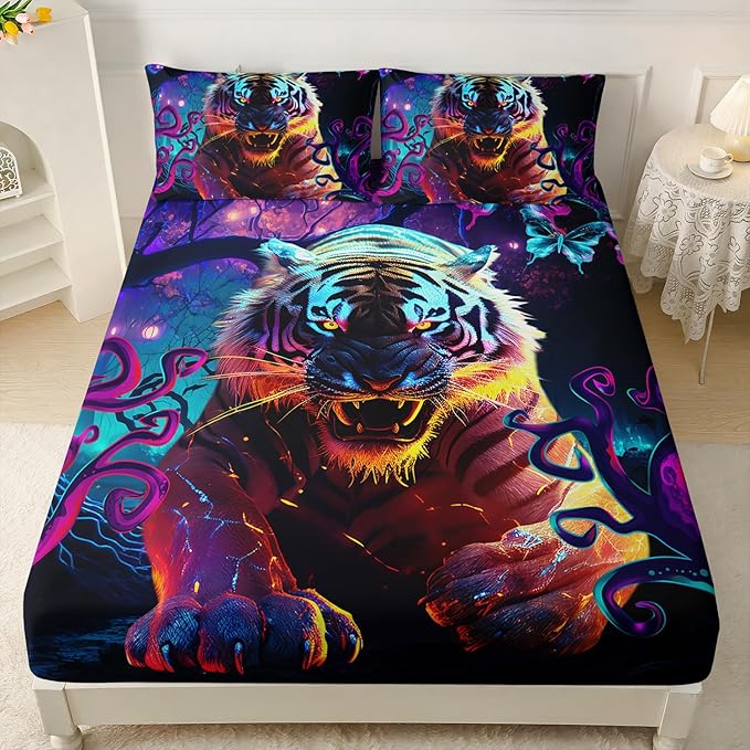 AILONEN Tiger Fitted Sheet Set Twin Size, Purple Magic Forest Fierce Tiger Bed Sheet Set for Boys Girls,Howling Tiger Soft Breathable Fitted Sheet and 2 Pillowcases,3 Pieces