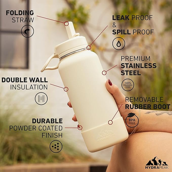 Hydrapeak 32oz Sport Insulated Water Bottle with Straw or Chug Lid, Leak & Spill Proof, Keeps Drinks Cold for 24 Hours, Hot for 12 Hours, Premium Stainless Steel Water Bottles (32oz, Powder Blue)