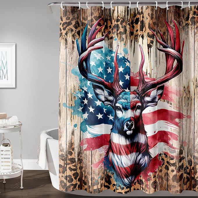 AILONEN Deer Hunting Shower Curtain for Bathroom Decor,American Flag Elk Bath Curtain for Kids Boys Teens,Safari Deer Print Curtain,Polyester Waterproof with 12 Plastic Hooks 72" W*78" H