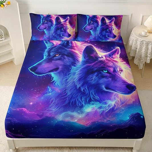AILONEN Wolf Fitted Sheet Set Full Size for Boys,Purple Galaxy Wolf Bed Sheet Set for Kids Teen, 3 Pieces Safari Wolf Sheet Set,Starry Wolves Fitted Sheet with 2 Pillowcases