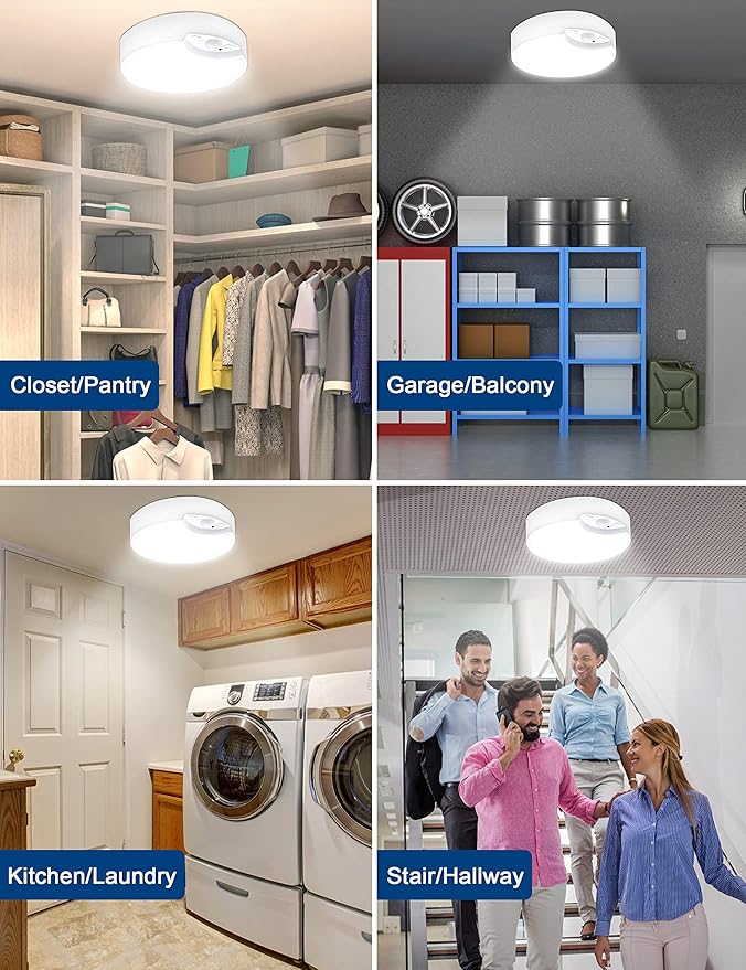 Motion Sensor Ceiling Light Battery Operated, Wireless LED Wall Lighting Fixture with Remote, Dimmable, Timer, Daylight for Closet, Bathroom, Shower, Garage, Pantry, Stairs