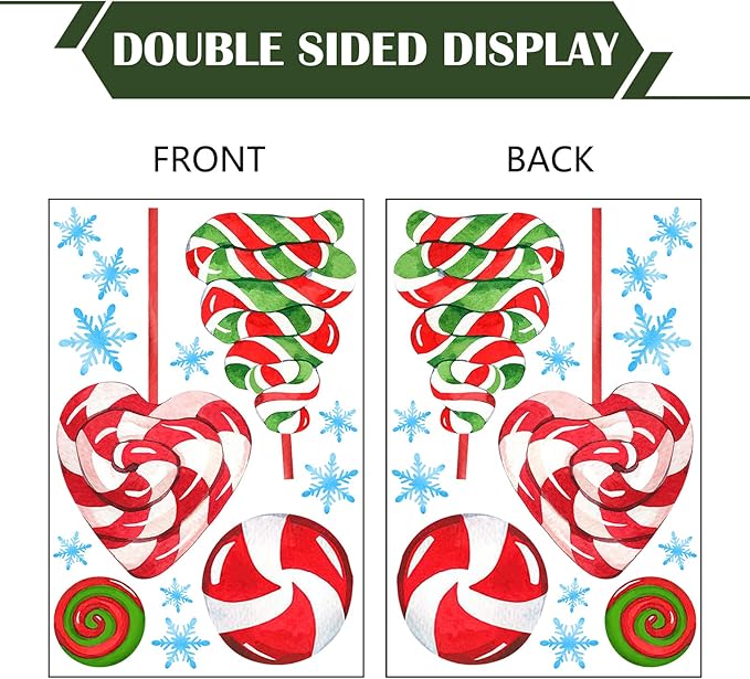 Yovkky 157 PCS Christmas Window Clings 9 Sheets, Xmas Candy Cane Peppermint Lollipop 2025 New Year Stickers Decals Decor, Christmas Snowflakes Winter Holiday Party Home Kitchen Candyland Decorations