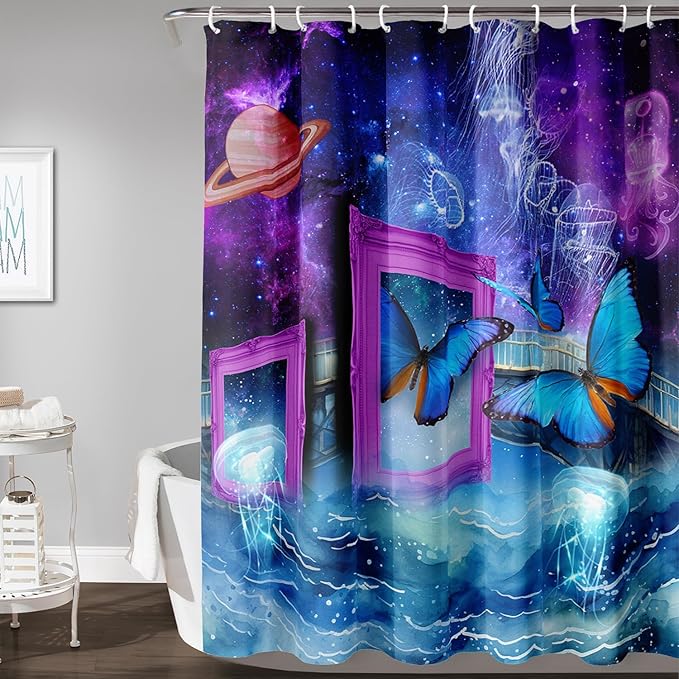 AILONEN Blue Butterfly Shower Curtains,Purple Galaxy Bath Curtains for Bathroom for Girls,Blue Ocean Jellyfish Curtains,Polyester Waterproof with 12 Hooks 72" W*96" H