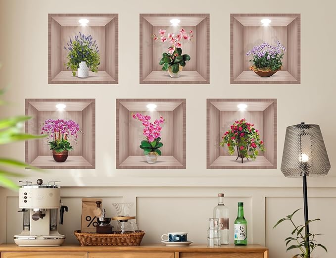 DTLIFEK 3D Green Plants Wall Decals 3D Flowers Vase Wall Sticker Green Pot Plants Wall Decor Colorful Floral Blossom Botanical Wall Panels Removable Peel and Stick Wallpaper for Bedroom Kitchen 39090