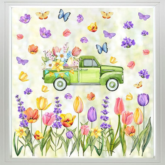 Garden Flowers Window Stickers Spring Window Cling Watercolor Butterflies Floral Wall Decals Peel and Stick Tulip Flower Window Decals for Kids Girls Bedroom Kitchen Shop Window Display Decoration