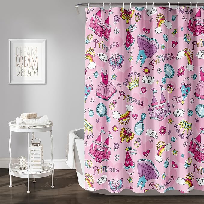 AILONEN Princess Dress Shower Curtain,Cartoon Sparkling Star Diamond Waterproof Shower Curtain Set for Girls Kids Teens, 72" W*78" H Pink Castle Jewelry Shower Curtain for Bathroom