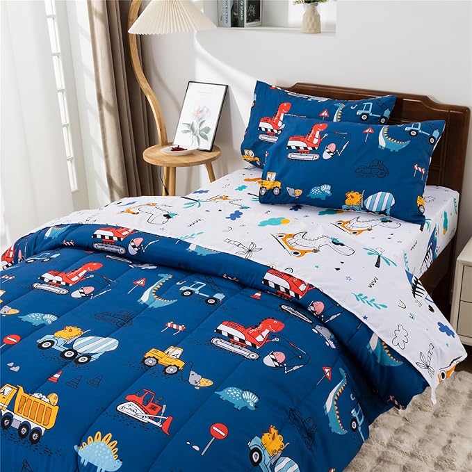 Meeting Story Construction Truck Car Full Comforter Set for Boys,5 Pieces Dinosaur Bedding Set with Sheets and Pillowcases,Excavator Lightweight Microfiber Bedding Sets(Blue,Full5pcs)