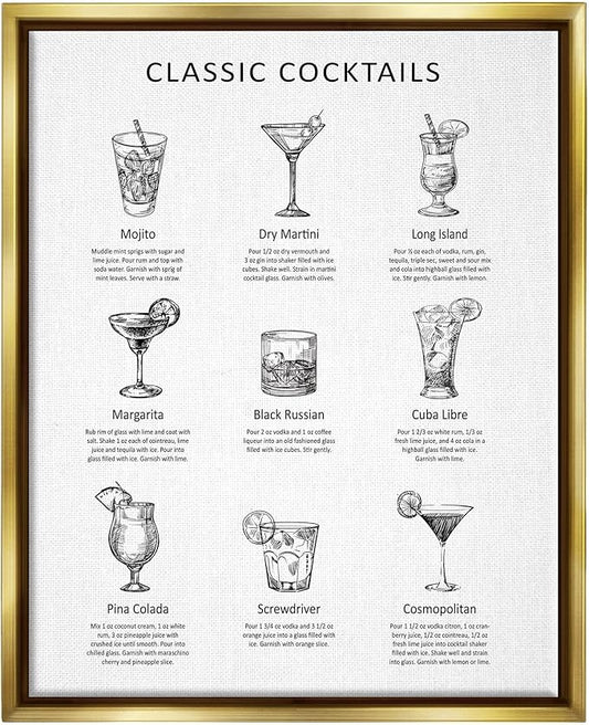 Stupell Industries Classic Cocktails Mixed Drinks Kitchen Bar Sign Chart, Design by Lettered and Lined