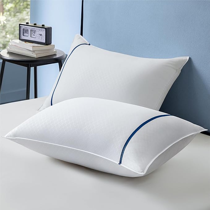 Bedsure Hotel Pillows - Luxury Bed Pillows for Sleeping with Decoration Strip Breathable Cover Soft & Supportive Pillows for Side, Back or Stomach Sleepers (2, Blue, Standard)