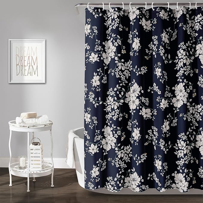 AILONEN Luxuriant Flowers Shower Curtain,White Flower on Black Background Waterproof Shower Curtain Set for Girls Boys Teens, 72" W*84" H Patchwork Flower Shower Curtain