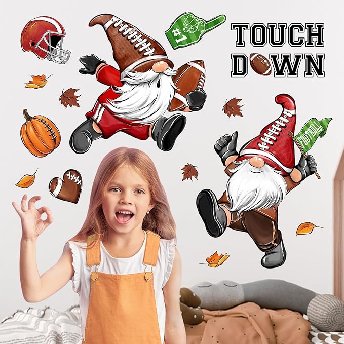 Mfault Fall Football Gnome Wall Decals Stickers, Autumn Sport Game Touch Down Decorations Bedroom Art, Rugby Pumpkin Helmet Home Kitchen Living Room Decor