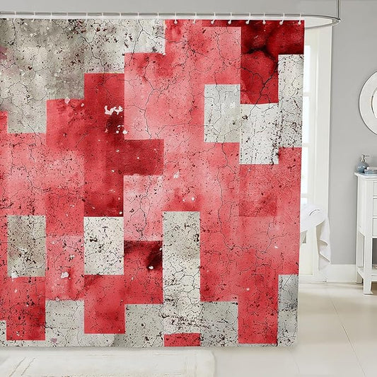 Feelyou Kids Geometric Red Shower Curtain Geometry Bath Curtain Boys Girls Checkered Bathroom Shower Curtain Set Modern Art Teens Bathroom Accessories Room Decor 72"x72"