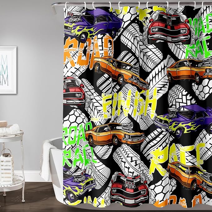 AILONEN Racing Car Shower Curtain for Bathroom Decor,Cool Racer Bath Curtain for Kids Boys Teens,Graffiti Printed Curtain Waterproof with 12 Plastic Hooks, 60" W x 72" H
