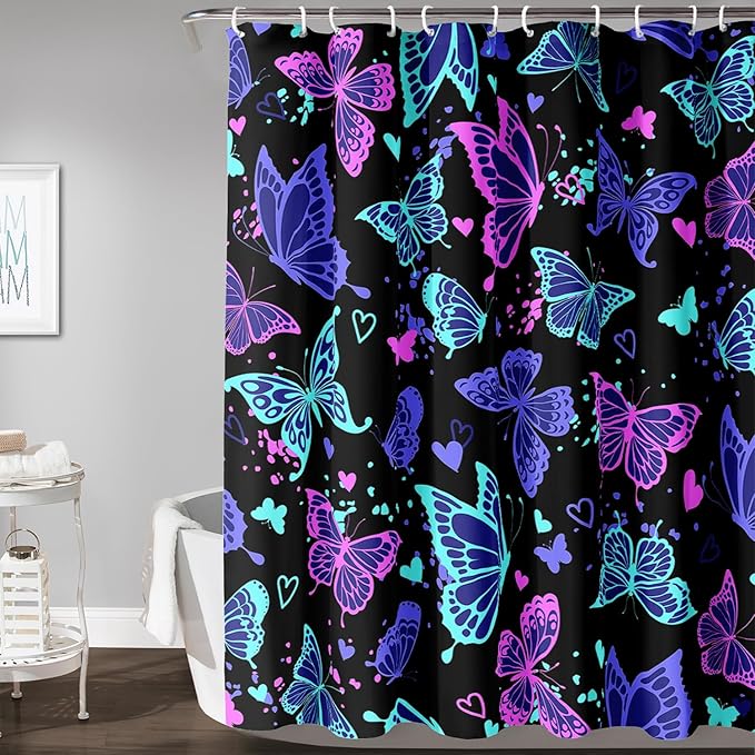 AILONEN Colorful Butterfly Shower Curtain, Butterfly Bath Curtain for Bathroom Decor,Polyester Waterproof with 12 Plastic Hooks 36" W*72" H