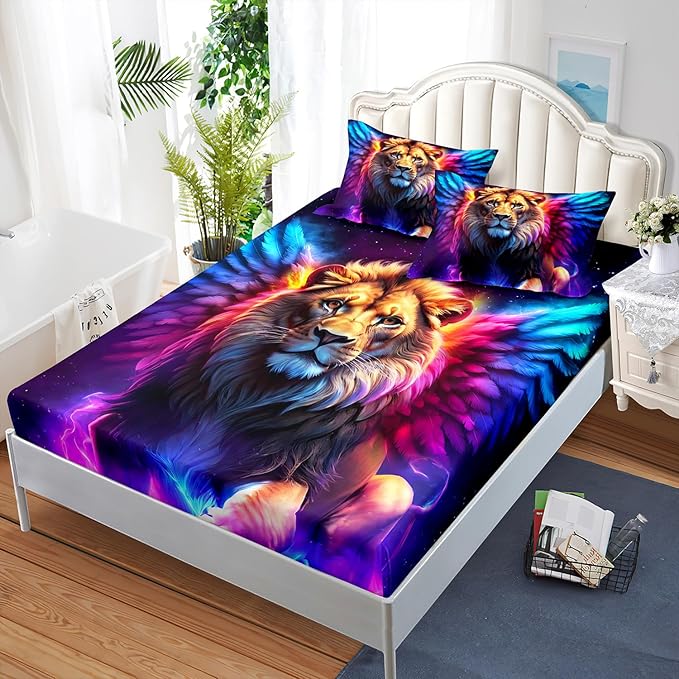 AILONEN Lion Fitted Sheet Set Twin Size, 3 Pieces Printed Evening Starry Wings Lion Bed Sheet Set,Colorful Tie Dye Rainbow Fitted Sheet with 2 Pillowcases