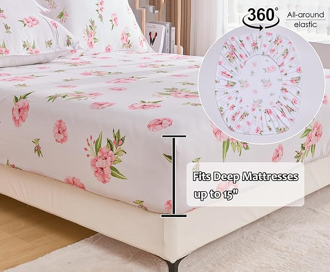 Full Size Bed Sheets Set White Pink Floral Bed Sheets Girls Cute Microfiber Cooling Sheets 4 Pieces Kids Full Bed Set Wrinkle Free, 15 inch Deep Pocket Fitted Sheet, Flat Sheet, Pillowcases