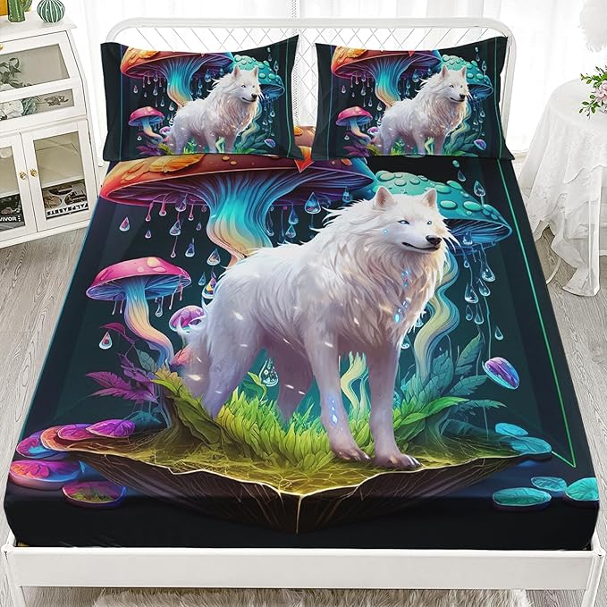 AILONEN White Wolf Fitted Sheet Set Full Size, Cartoon Mushroom and Cute Wolf Bed Sheet Set,3 Pieces Rain Mushroom Fitted Sheet with 2 Pillowcases for Boys Girls
