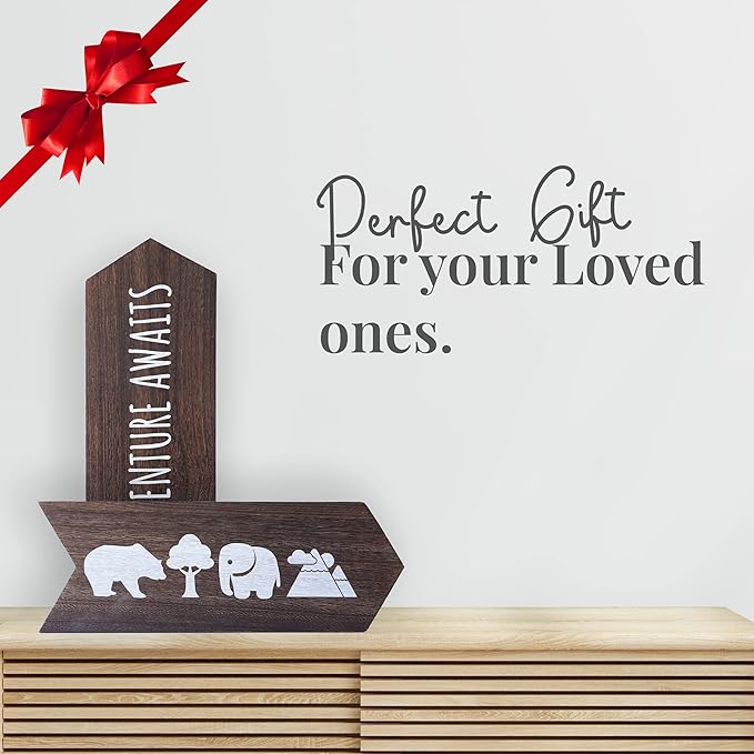 Nursery Wall Decor - 2 Pcs Wood Adventure Awaits Sign, Baby Elephant Nursery Decor For Kids Room, Safari Theme Woodland Decorations, Bear Mountain Cabin Wall Decor Art, 14 x 10 inch