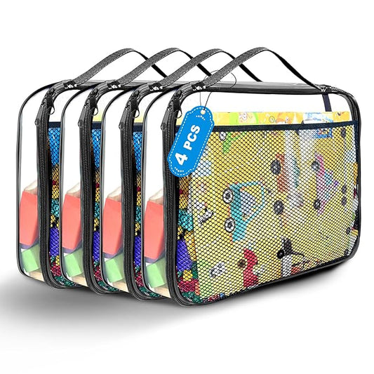 4 Packs PVC Toy Zippered Blocks, Travel Storage Case Bags for Organizing, Waterproof Toy Storage Bags with Mesh Pockets for Building Blocks, Puzzles, Clays,Toy Cars 13.3"Lx3" Wx10.4" H (Black).