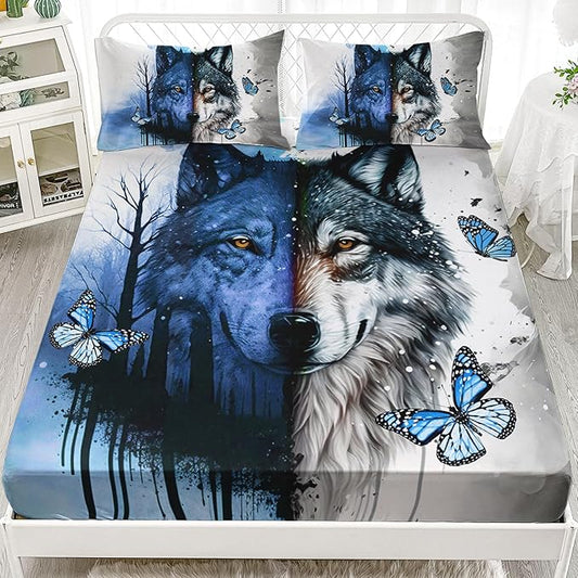 AILONEN Wolf Fitted Sheet Set Twin XL Size Tie Dye Wolf Sheet Set for Boys Girls,Animal Wolf Wildlife Bed Sheet with 2 Pillowcases,3 Pieces Watercolor Wolf Print Bed Sheet Set