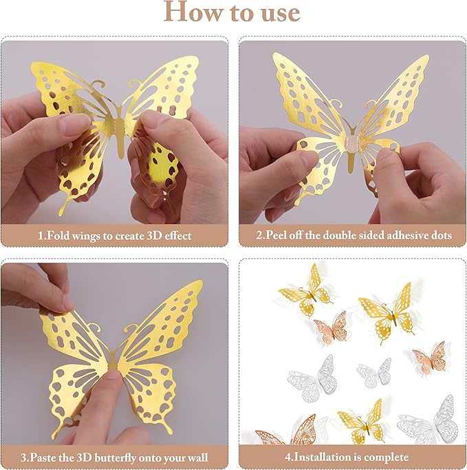 SAOROPEB 3D Butterfly Wall Decor, 72 Pcs 3 Styles 3 Sizes, Removable Metallic Wall Decor Sticker Room Mural Decals for Kids Bedroom Nursery Classroom Party Decoration Wedding Decor DIY Gift (3 Color)