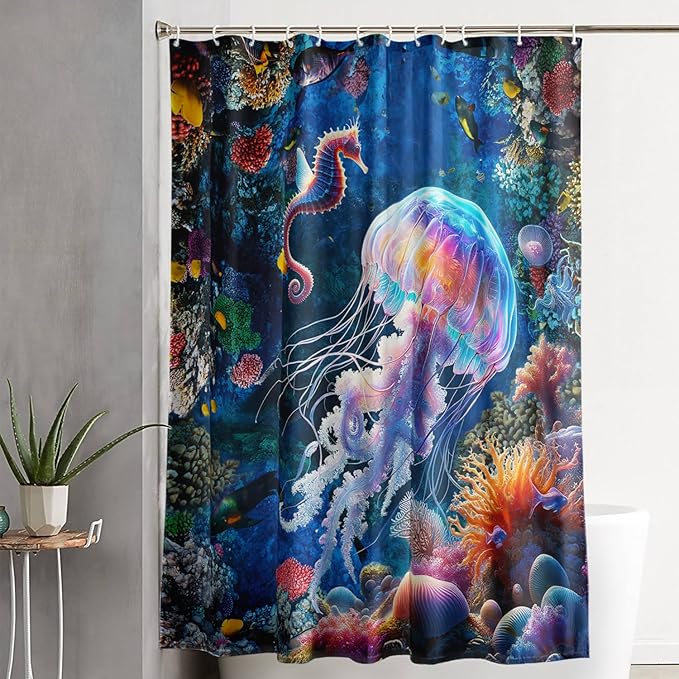 AILONEN Cartoon Jellyfish Shower Curtain,Underwater Animal Seahorses Style Bathroom Curtains Set for Kids,Girls,Ocean Theme Shower Curtains Set with Hooks for Bathroom,48" W*72" H
