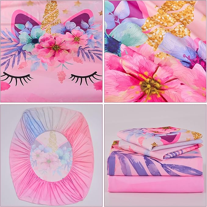 VIVILINEN Full Size Sheet Set 4 Piece Kid Sheets Set for Girls Pink Unicorn Full Bed Sheets Set for Teens Bedding Set Include Flat Sheet, Deep Pocket Fitted Sheet and Pillowcase