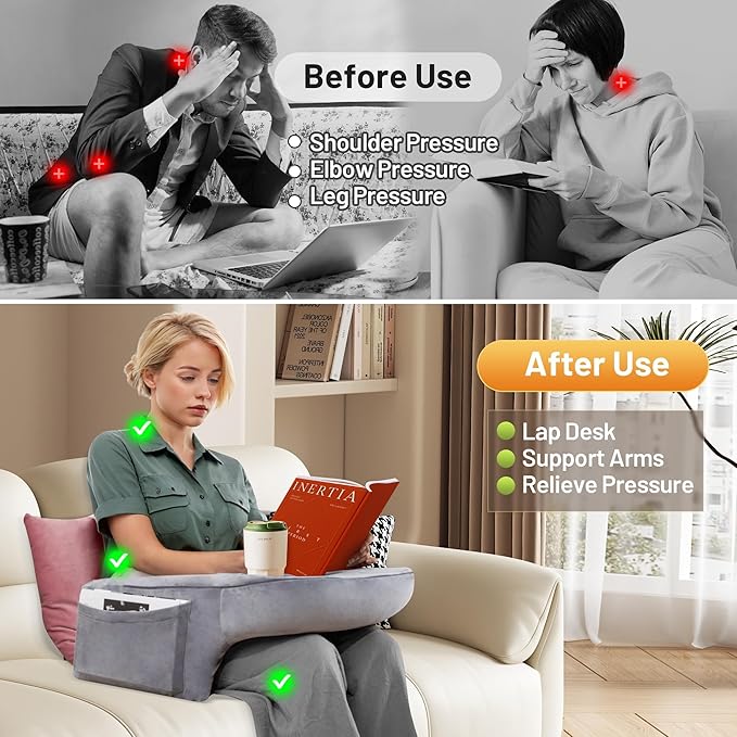 DELLAN Reading Pillow for Bed, Gaming Pillow for Lap, Memory Foam Lap Desk Pillow with Arm Rest for Adult