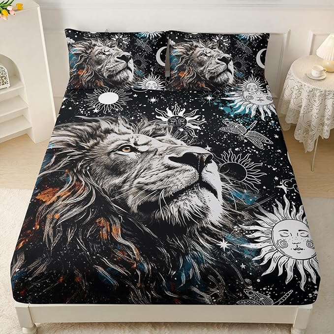 AILONEN Lion Print Queen Size Fitted Sheet Set for Boys, Sun and Moon Bed Sheet Cover Set Queen,3 Pieces Black and White Sheet Set Queen Galaxy Lion Fitted Sheet with 2 Pillowcases