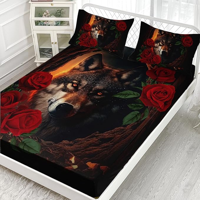 AILONEN Girls Wolf Fitted Sheet Set Twin XL Size, 3 Pieces Bedding Set Red Rose Wolf Sheet Set for Women Teen Kids,Wildlife Bed Sheet Set Wolf Fitted Sheet with 2 Pillowcases