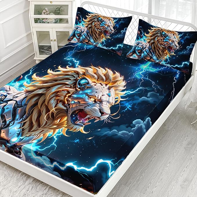 AILONEN Boys Lion Fitted Sheet Set Queen Size, Safari Animal Lion Blue Lightning 3 Pieces Printed Kids Bed Sheet Set,Wildlife Fitted Sheet with 2 Pillowcases