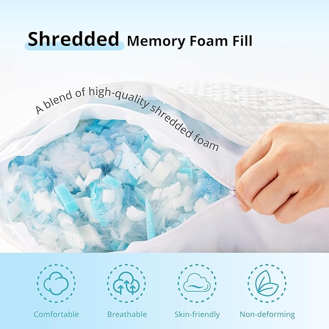 Cooling Shredded Memory Foam Pillows for Hot Sleepers, Adjustable Bed Pillows for Side, Back or Stomach Sleepers, Neck Pillows for Sleeping, Queen Pillow with Removable Cover (1 Pack, Cooling)