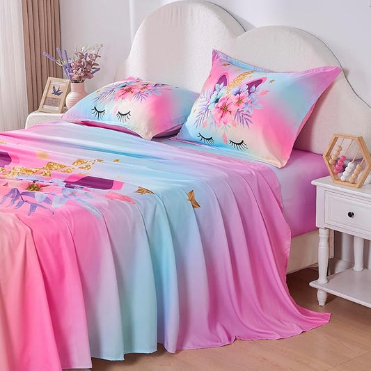 VIVILINEN Queen Size Sheet Set 3 Piece Rainbow Unicorn Kids Queen Bed Sheet Set for Girls Deep Pocket Bedding Set Bed Fitted Sheet Set Include Flat Sheet, Deep Pocket Fitted Sheet and 2 Pillowcase