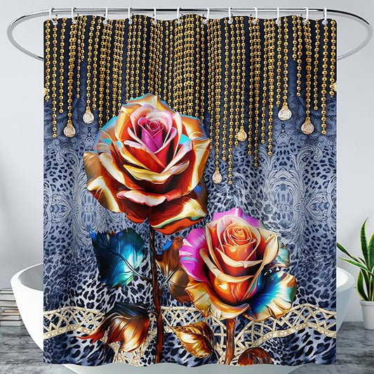 AILONEN Gold Rose Shower Curtain for Bathroom- Romantic Floral Shower Curtain -Polyester Fabric Waterproof Decoration- Plants Blue Black Leopard Flowers Bath Shower Curtains Washable, 72" W x 72" H
