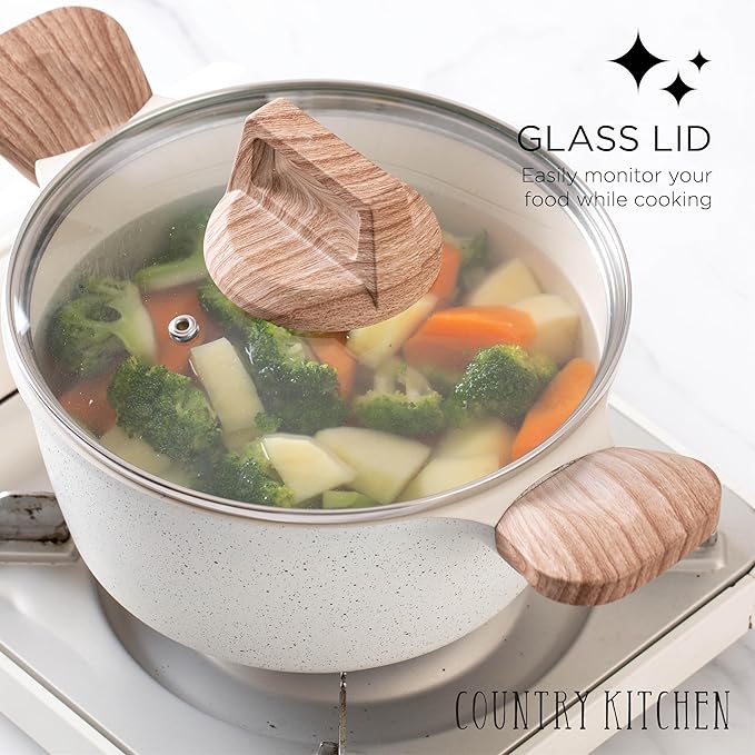 Country Kitchen Pots and Pans Set Nonstick, Cast Aluminum Kitchen Cookware Set with Utensils, 14 Pcs Non Stick Cooking Set w/Frying Pans & Saucepans