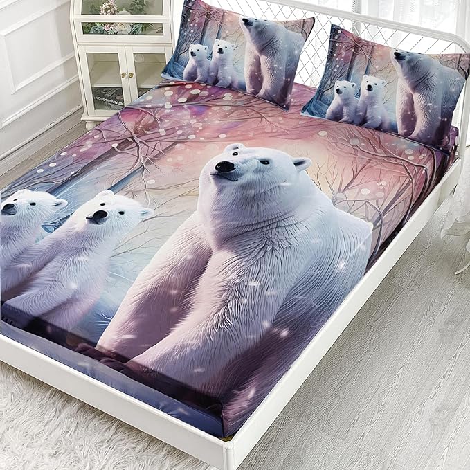 AILONEN Polar Bear Fitted Sheet Set Twin XL Size, Arctic Animals Bedding Winter Snow Bear Kawaii Kids Bed Sheet with 2 Pillowcases,3 Pieces TwinXL Fitted Sheet Set for Girls Boys
