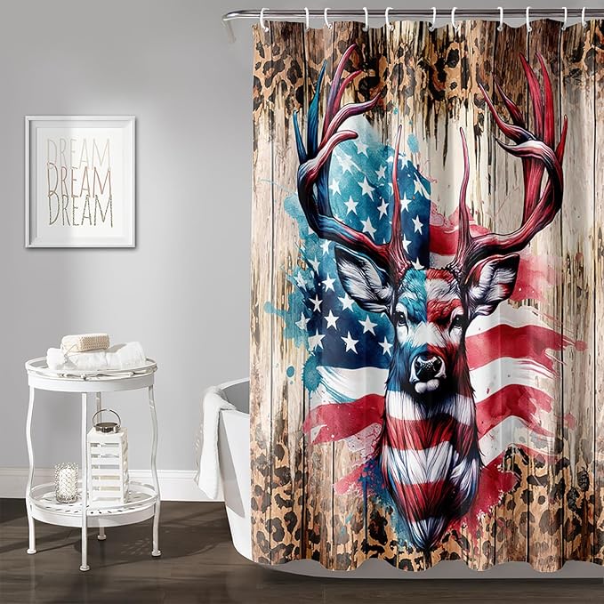 AILONEN Deer Hunting Shower Curtain for Bathroom Decor,American Flag Elk Bath Curtain for Kids Boys Teens,Safari Deer Print Curtain,Polyester Waterproof with 12 Plastic Hooks 72" W*78" H