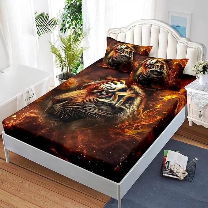 AILONEN Tiger Fitted Sheet Set Twin XL Size, 3D Fire Animal Tiger Bed Sheet Wildlife Sheet Set,Teen Boys 3 Pieces Printed Safari Tiger Fitted Sheet with 2 Pillowcases