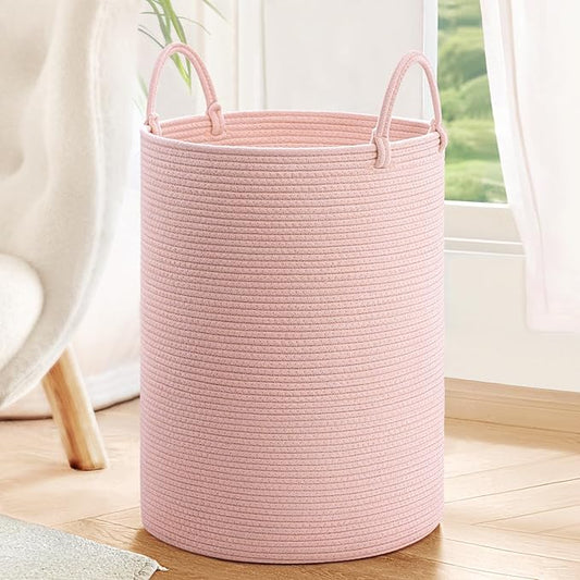 INDRESSME Pink Laundry Basket for Girls Kids Laundry Hamper for Nursery, Woven Rope Storage Basket for Living Room Girls room, Tall Basket for Blanket Storage Toys Bin, 19.7 x 13.8 inches